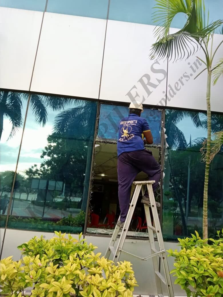 Rope-access technicians cleaning a glass tower